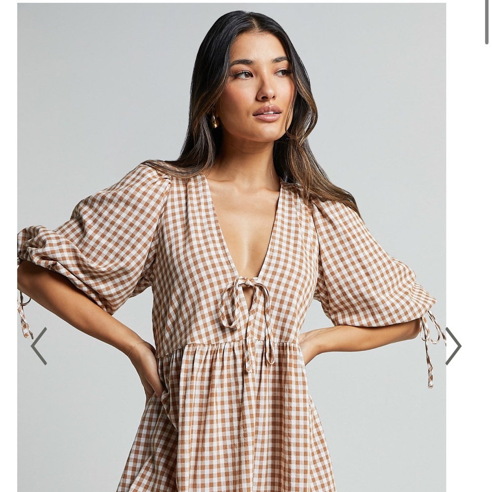 ROSITA MINI DRESS - TIE FRONT PUFF SLEEVE DRESS IN CARAMEL & WHITE GINGHAM